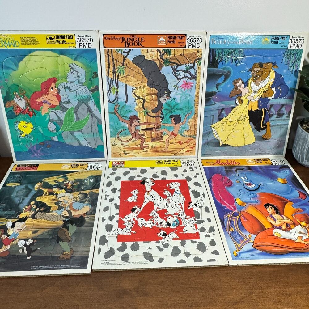 Golden Frame-Tray Puzzles 6 Disney Mermaid Dalmations Aladdin Tarzan Belle